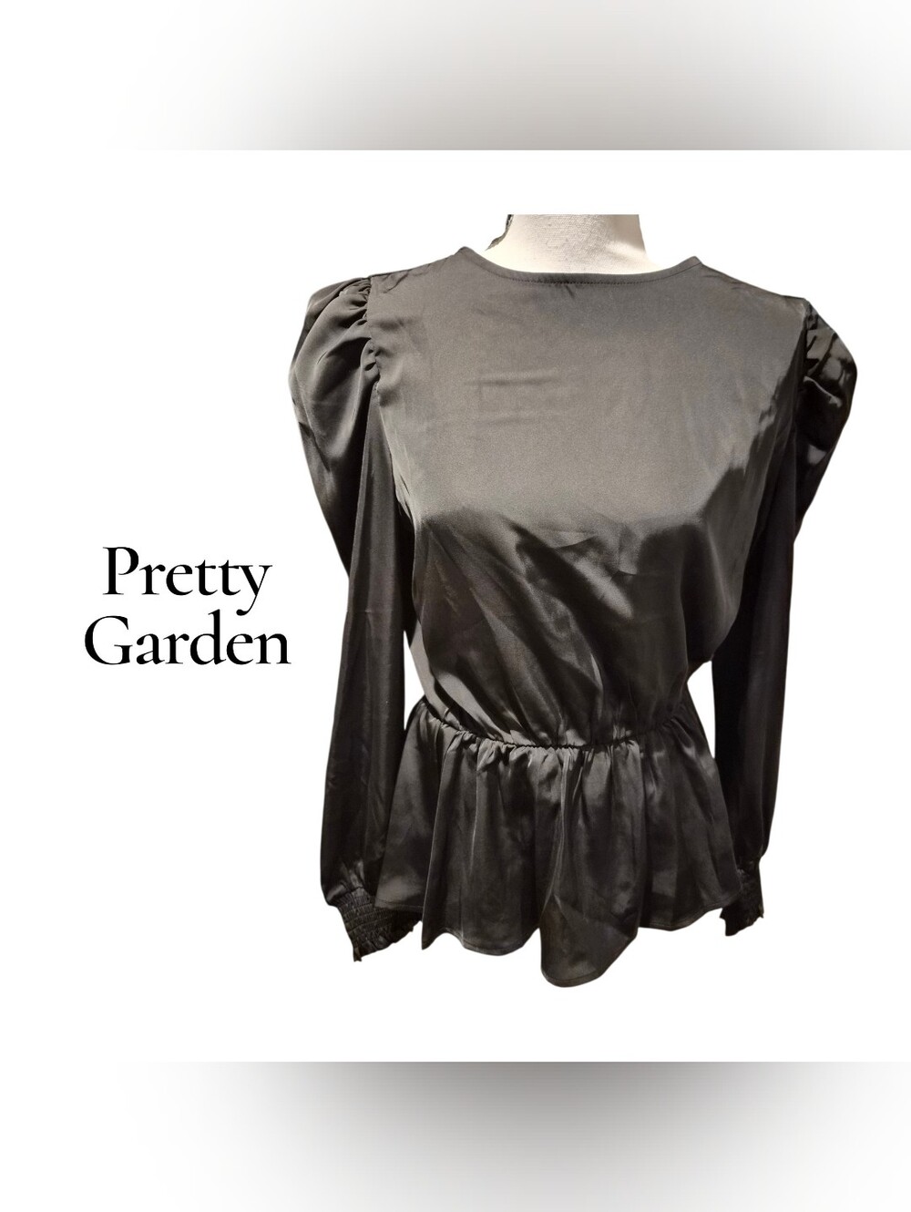 Pretty Garden Black Satin Peplum Long-Sleeve Top Size Medium NWT